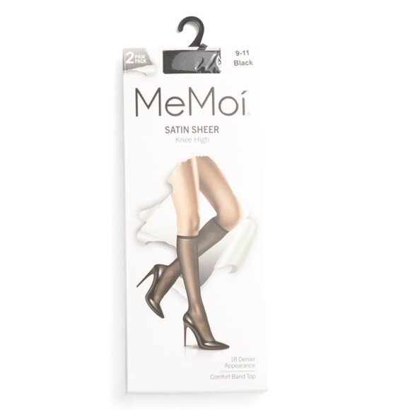 ME MOI Black 2pk Satin Sheer Knee Highs With Shadow Toe - Picture 1 of 1